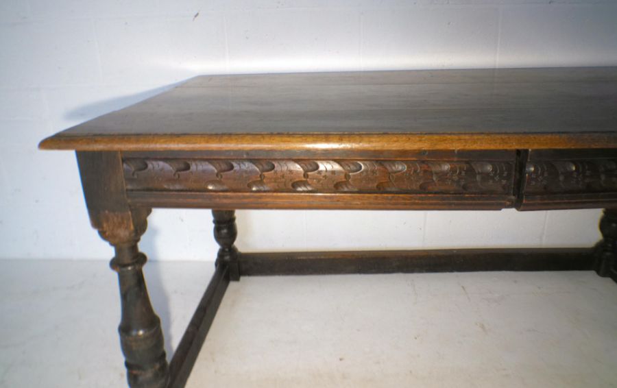 A part 17th century oak table with two frieze drawers and carved detailing, length 150cm, width - Image 9 of 9