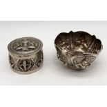 An Indian SCM bowl along with a similar lidded box, both decorated with deities