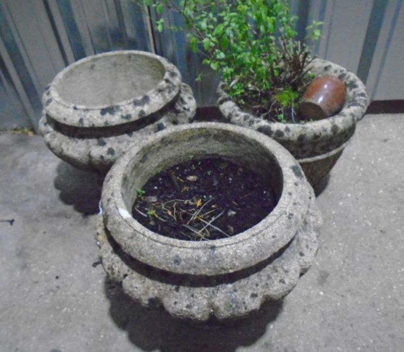 Two matching reconstituted stone garden planters, plus one other. Approximate height 35cm. - Image 3 of 8