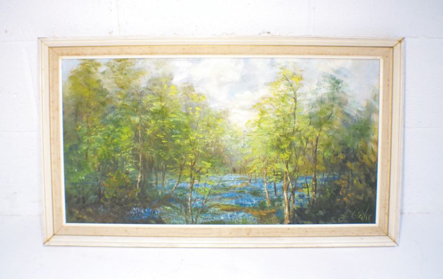 Two framed oil paintings on board depicting landscape scenes, signed 'J. Clarke'. - Image 4 of 6