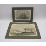 Two antique prints of ships including "The Alabama" and "The Kearsarge"