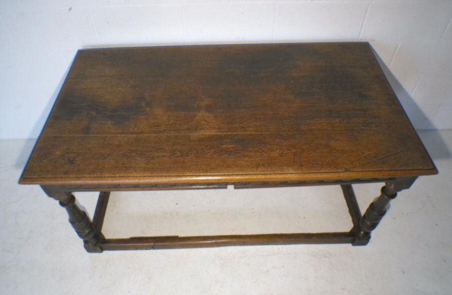 A part 17th century oak table with two frieze drawers and carved detailing, length 150cm, width - Image 7 of 9