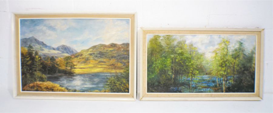 Two framed oil paintings on board depicting landscape scenes, signed 'J. Clarke'.