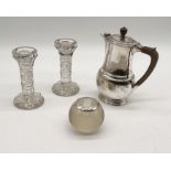 A pair of silver rimmed cut glass candlesticks A/F along with a silver topped match striker etc.