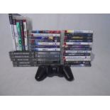 A collection of Sony PlayStation 1, 2 and 3 games, along with a PlayStation controller