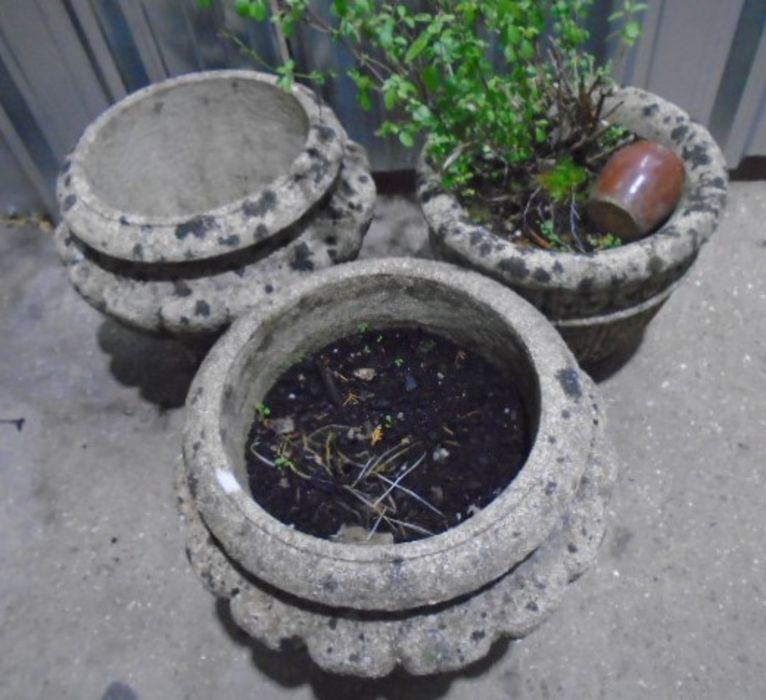 Two matching reconstituted stone garden planters, plus one other. Approximate height 35cm. - Image 8 of 8