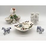 A collection of various china including Minton style cat sat in a hat A/F, Victorian centrepiece