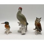 Three Karl Ens porcelain birds comprising of a Green Woodpecker, Kingfisher and Owl