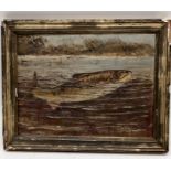 A small turn of the century oil painting of a trout overall size in frame 19cm x 24cm