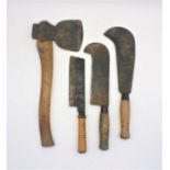 Two bill hooks, one marked 'Staniforths', one marked 'Brades Co', along with a cleaver marked '