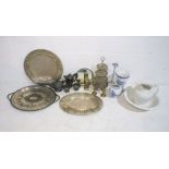 A mixed lot including Arts and Crafts metal trays, a silver plated tea set, ceramic jug and bowl,