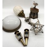 A collection of vintage lighting including a pair of brass wall lamps, Art Deco style pendant etc.