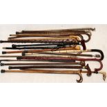 A collection of various vintage walking sticks, some with silver collars and tips