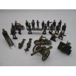 A collection of various lead soldiers with two on motorbikes etc