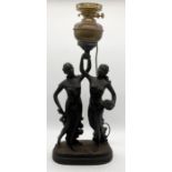 A large converted oil lamp with resin base in the form of two women in Grecian dress