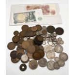 A collection of mainly silver coinage including 1806 cartwheel penny, numerous 3d's, half crowns and