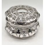 A glass lidded bowl (marked H to underside) with silver filigree detailing in spiders web pattern to