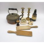 A copper tea pot along with a pair of brass candlesticks, thermometer etc.