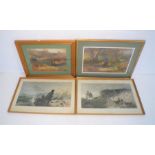 Two antique hunting prints along with two others.