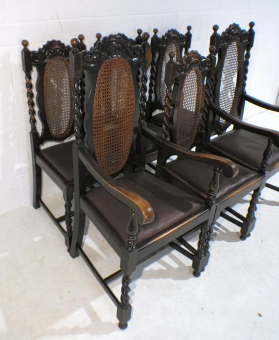 A set of six oak dining chairs with barley-twist legs and cane backs including two carvers - three - Image 3 of 5