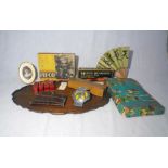 A mixed lot including a wooden tray, vintage boxed Mason Pearson hair brush, AA badge, vintage