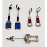 Two pairs of Art Deco earrings along with an SCM Art Deco pin in the form of an arrow- stamped "