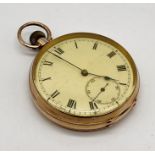 A 9ct gold pocket watch with white enamelled dial and subsidiary second hand