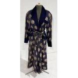 A vintage Chinese blue silk and velvet men's dressing gown with gold dragon pattern - some fading as