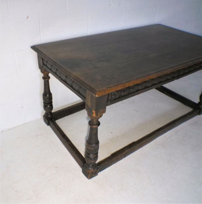 A part 17th century oak table with two frieze drawers and carved detailing, length 150cm, width - Image 3 of 9