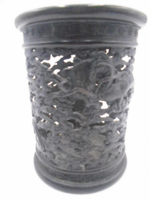 A 19th Century Oriental pierced bronze cylindrical pot decorated with three toed dragons and Greek - Image 2 of 10