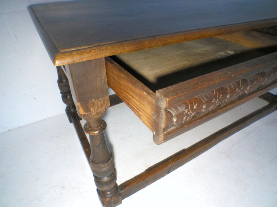 A part 17th century oak table with two frieze drawers and carved detailing, length 150cm, width - Image 6 of 9