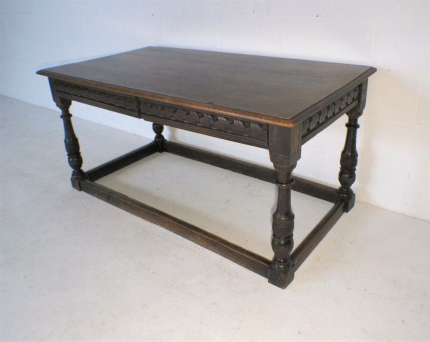 A part 17th century oak table with two frieze drawers and carved detailing, length 150cm, width - Image 2 of 9