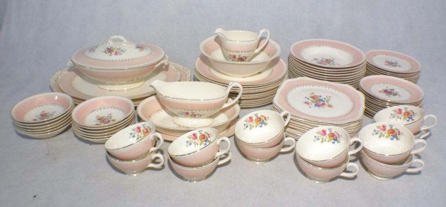 A Homer Laughlin Georgian Eggshell part dinner service including terrines, dinner plates, jugs,