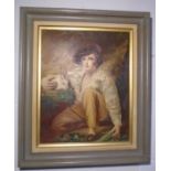 An oil on board painting of "Young Boy with Pet Rabbit" after Henry Raeburn, signature R Price.