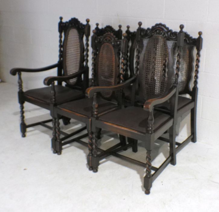 A set of six oak dining chairs with barley-twist legs and cane backs including two carvers - three - Image 2 of 5