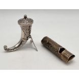 A 925 silver whistle with Art Nouveau detailing along with a Norwegian Sterling silver pepperette by