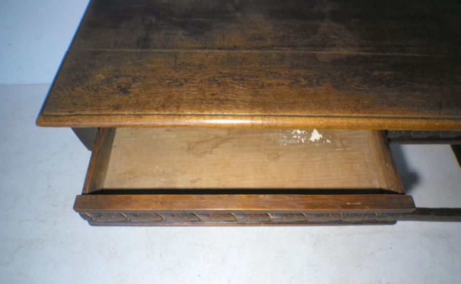 A part 17th century oak table with two frieze drawers and carved detailing, length 150cm, width - Image 5 of 9