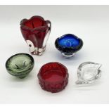 A collection of Whitefriars glass including ruby red bark bowl, large tooth vase etc