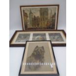 A watercolour of a market scene signed J Fitzpatrick along with a tryptic of dog prints by W