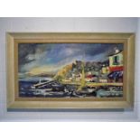 A framed oil on canvas painting depicting a picturesque Mediterranean harbour scene, with indistinct