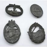 Four World War II Nazi war badges including Kreigsmarine Destroyer badge by "S.H.u.Co.", a Waffen SS