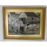 An unsigned oil on board painting of a farmyard scene, in a gilt frame. Overall size 99cm x 77cm