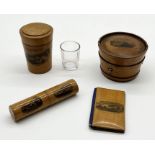 A small collection of Mauchline ware including cased drinking glass, "Weston Super Mare", "