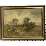 An oil on canvas of a landscape scene, signed Spindler (possibly James G.H. Spindler) 26cm x 36cm
