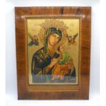 A rosewood framed overpainted print of a Russian religious icon, 76cm x 60cm.