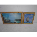 A framed oil painting on board of a sailing ship at sea, signed Ambrose (overall size 68cm x