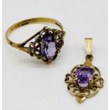 A 9ct gold amethyst ring with matching pendant
