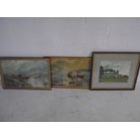 A pair of vintage Highland cattle prints along with a watercolour signed David Lane