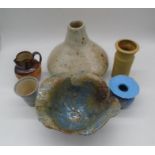 A collection of six pieces of studio pottery including vases, bowl and jug