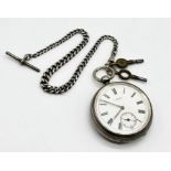A J W Benson hallmarked silver pocket watch with subsidiary second dial on a silver Albert